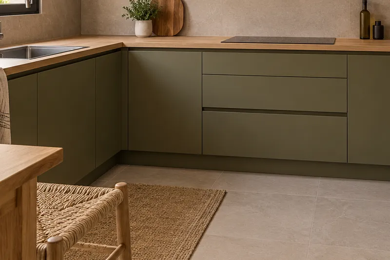 Visualización conceptual IA de cocina: Reformas de Felipe Núñez. Detalle de materiales y distribución.