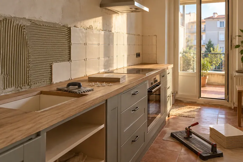 Visualización conceptual IA: Colocación de azulejos con separadores y adhesivo sobre una pared de cocina.