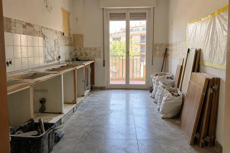 Visualización conceptual IA: Retirada de muebles y revestimientos al comienzo de una reforma de cocina.