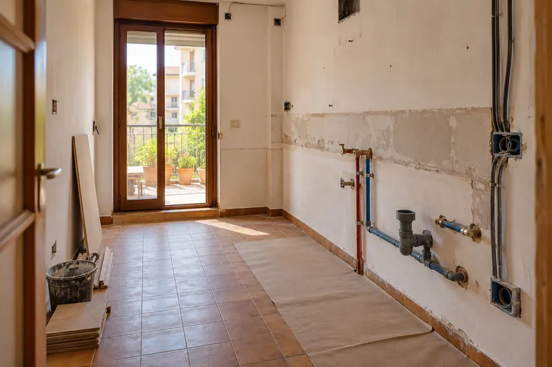Visualización conceptual IA: Tuberías de suministro y desagüe durante la renovación de una cocina.