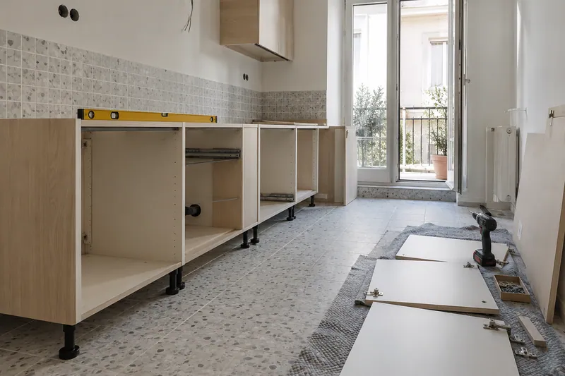 Visualización conceptual IA: Módulos de cocina en montaje con puertas pendientes de colocar.